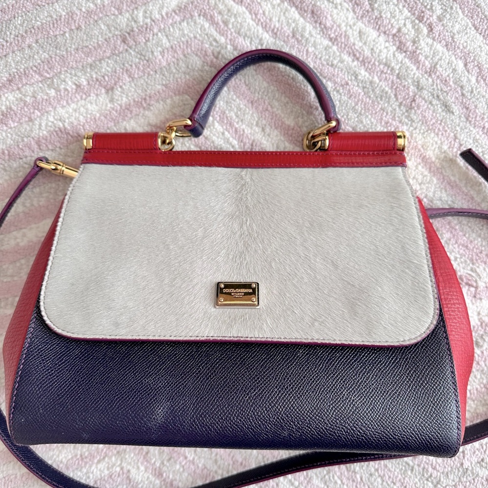 D&G Sicily Red & Blue leather with silver cow hair top handle bag